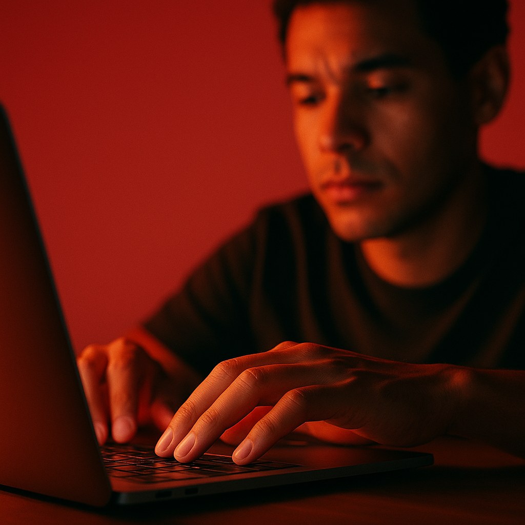 Mãos sobre o teclado iluminadas pela luz coral da tela.
