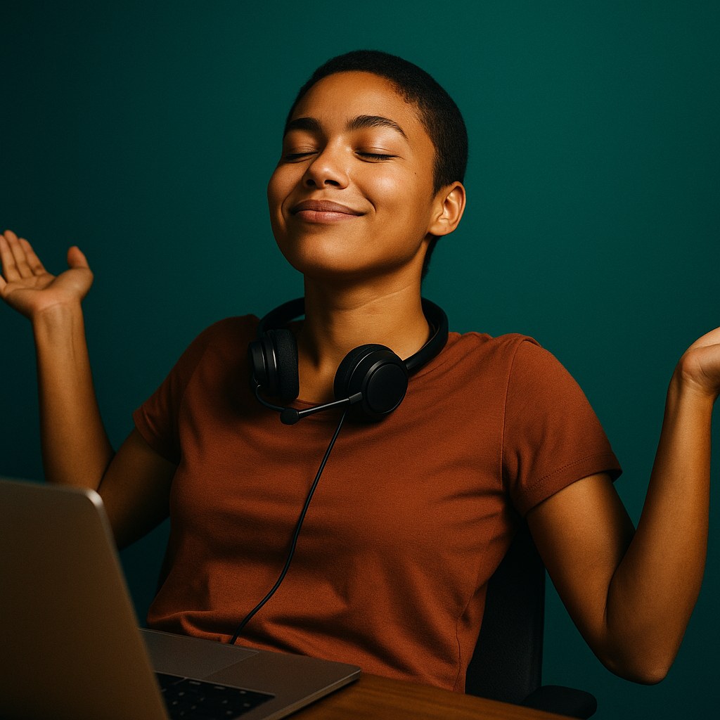 Atendente com a fila zerada, relaxada diante do computador.